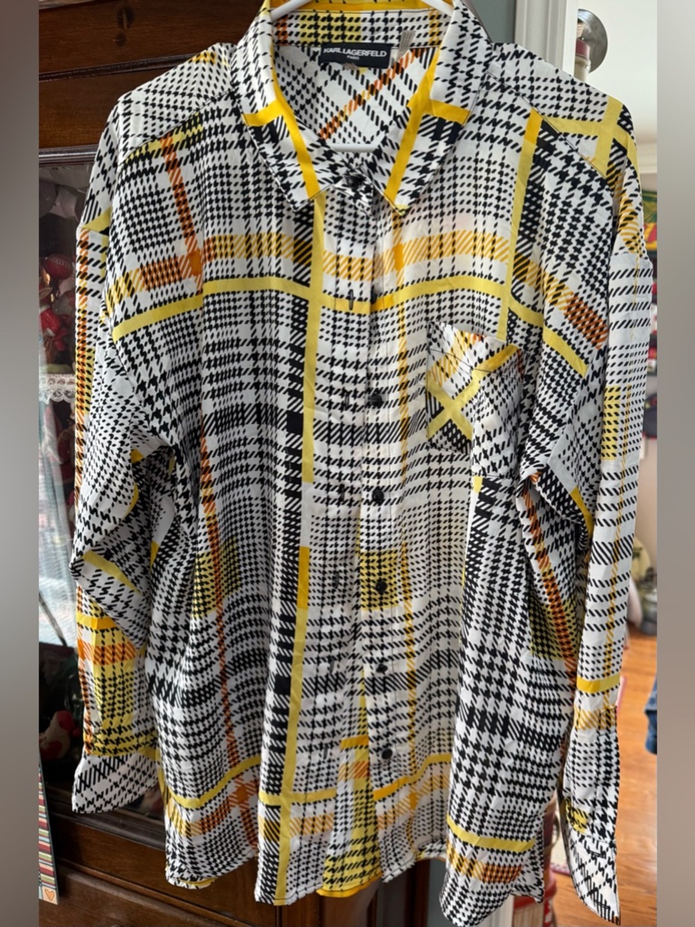 KARL LAGERFELD Black Yellow & White Plaid Blouse  Size XL